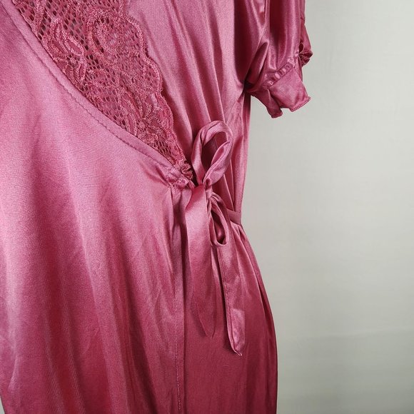 Vintage Soft Touch Night Wear Silky Satin Lace Robe Short Flutter Sleeve Belt - Picture 9 of 9